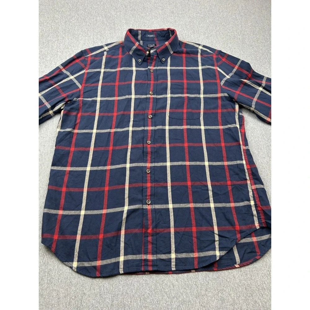 J Crew Brushed Twill Cotton Plaid Shirt Mens XL Blue Red Long Sleeve Button Down